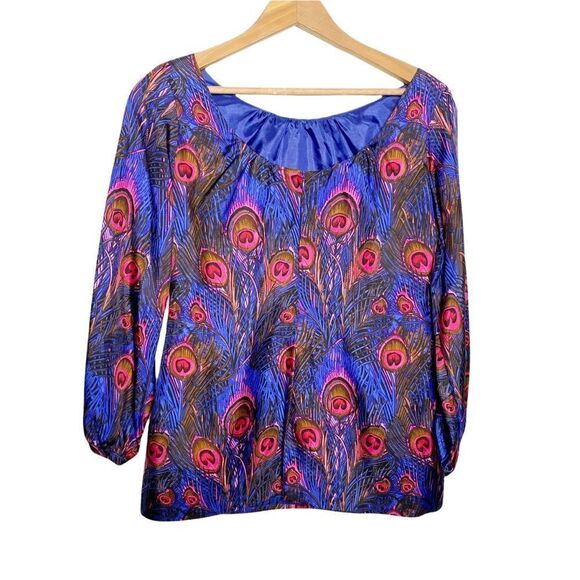 Britt Ryan Womens Blue Multicolor Silk Feather Print Blouse - Picture 3 of 8
